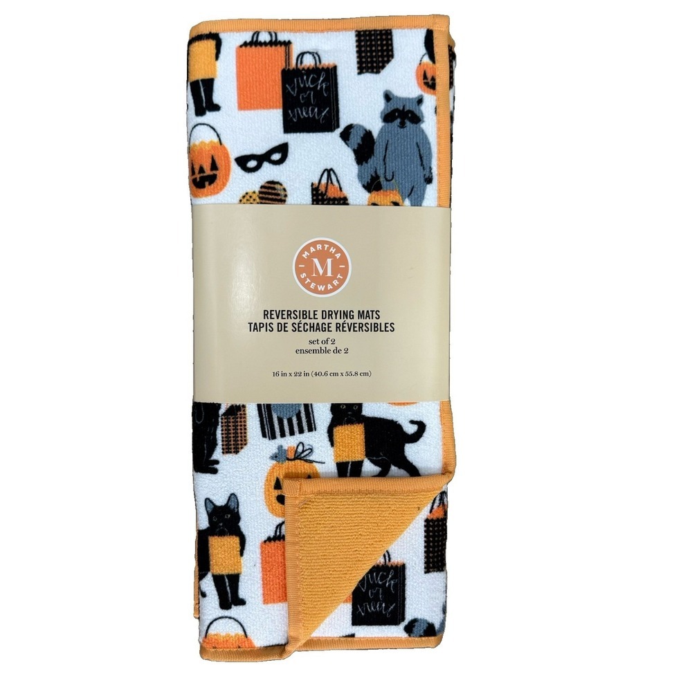 New Martha Stewart Kitchen Dish Drying Mat 2 Pk Halloween 16" x 22" Black Cats
